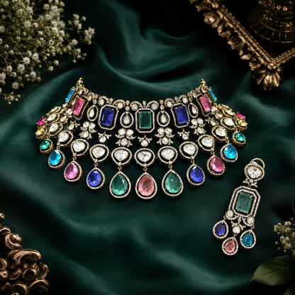 Luxury multicolor Kundan choker necklace set with matching earrings in antique gold finish for bridal, wedding, and festive wear.