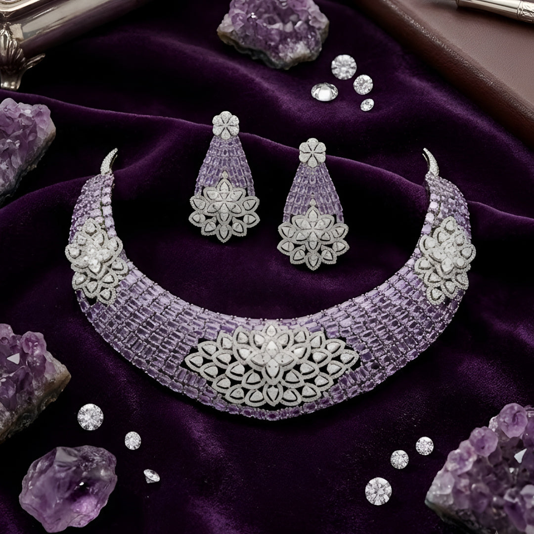 Luxury lavender crystal statement choker necklace set with floral zircon detailing and matching earrings for women.
