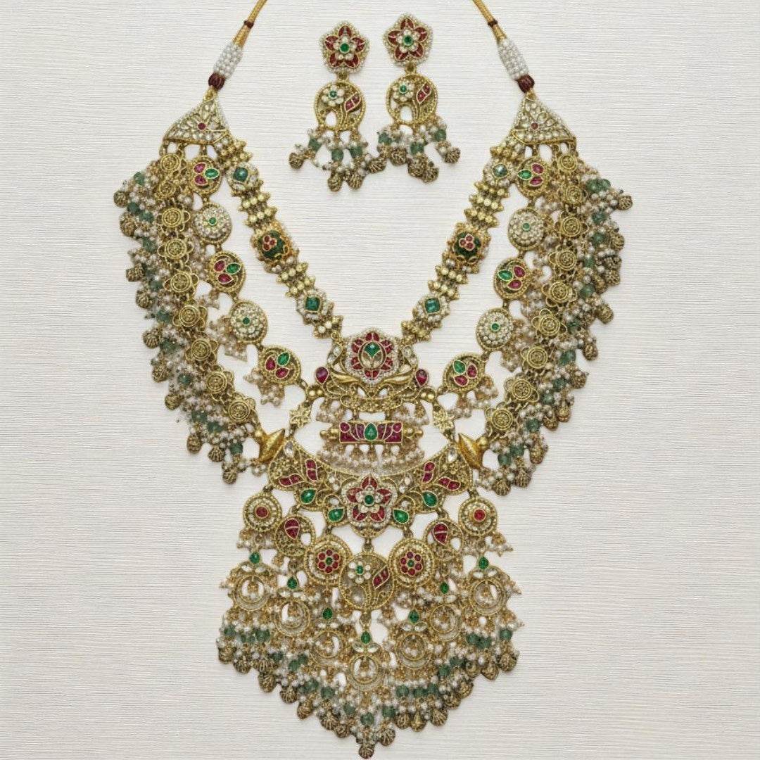 Royal Temple Style Multi-Layered Kundan Necklace Set with Earrings - Auraa Trends