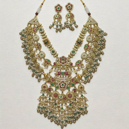 Royal Temple Style Multi-Layered Kundan Necklace Set with Earrings - Auraa Trends