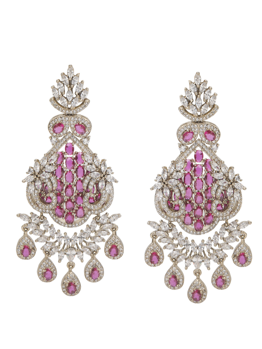 Gold-tone statement necklace set with pink ruby-style stones and clear crystals in an intricate floral design, paired with matching chandelier earrings featuring drop accents.