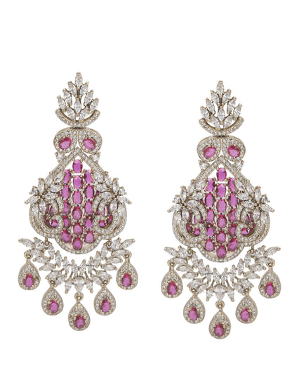 Gold-tone statement necklace set with pink ruby-style stones and clear crystals in an intricate floral design, paired with matching chandelier earrings featuring drop accents.