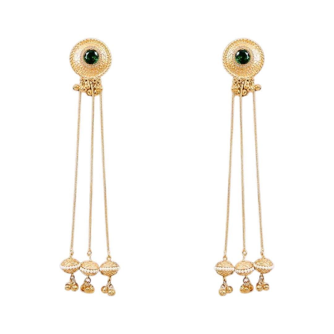 Traditional gold plated long chain tassel earrings with green stone stud and pearl jhumka drops for women, ideal for bridal, wedding, festive, and ethnic wear.