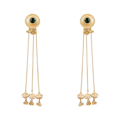 Traditional gold plated long chain tassel earrings with green stone stud and pearl jhumka drops for women, ideal for bridal, wedding, festive, and ethnic wear.