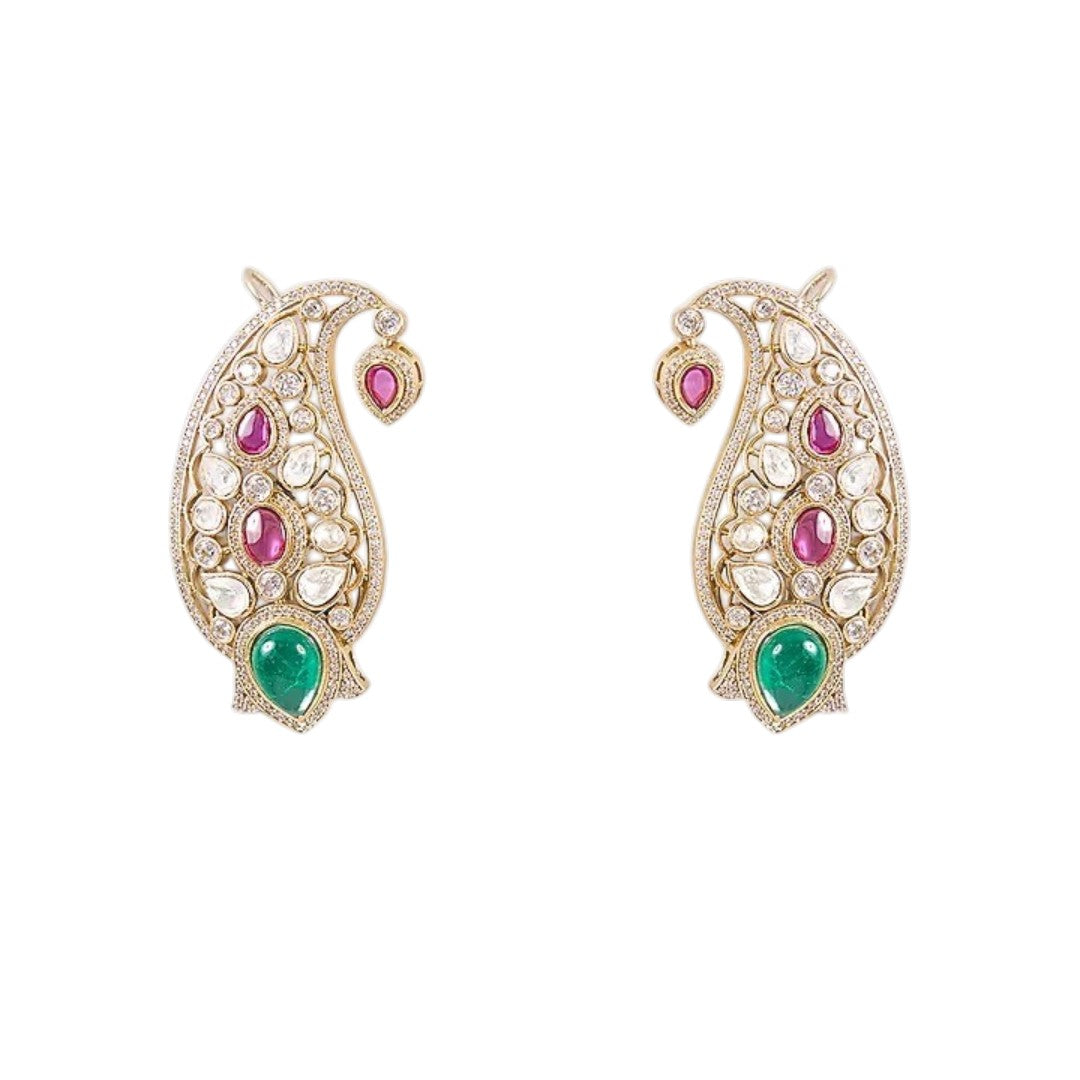 Gold-plated paisley Kundan stud earrings with pink and green stones for women