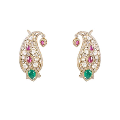 Gold-plated paisley Kundan stud earrings with pink and green stones for women