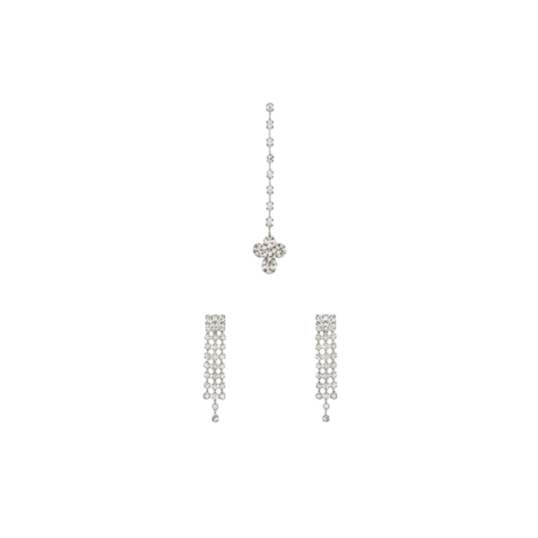 Silver-plated cascading crystal necklace set with earrings and maang tikka for bridal and festive occasions.