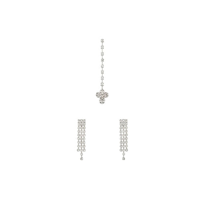 Silver-plated cascading crystal necklace set with earrings and maang tikka for bridal and festive occasions.