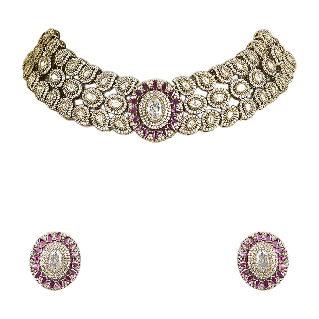 Royal pink stone and American diamond bridal choker necklace set with matching earrings in antique gold finish