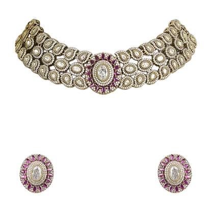 Royal pink stone and American diamond bridal choker necklace set with matching earrings in antique gold finish