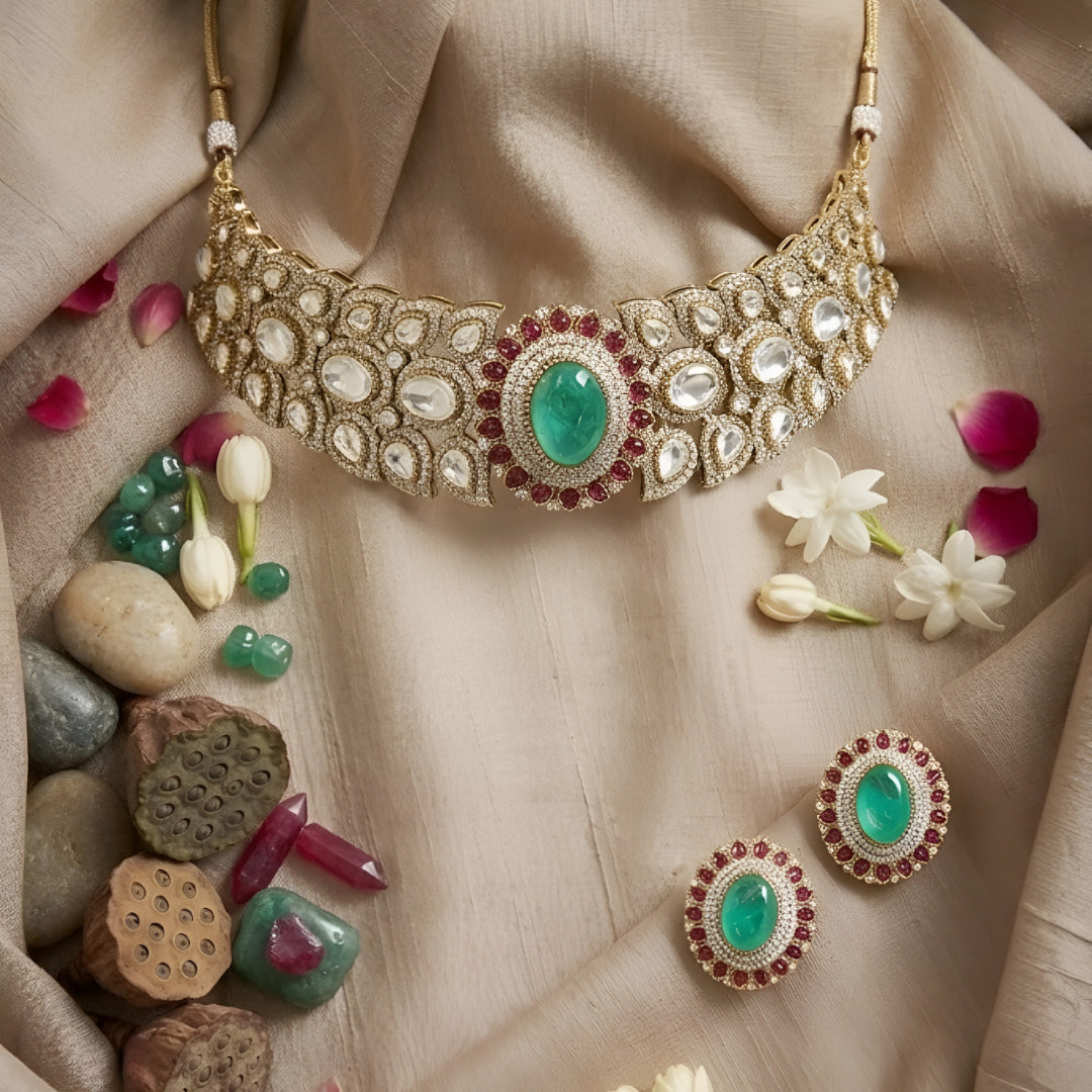 Royal Green Kundan Choker Necklace Set with Ruby Accents | Bridal Traditional Jewelry Set for Women