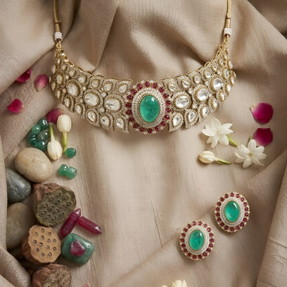 Royal Green Kundan Choker Necklace Set with Ruby Accents | Bridal Traditional Jewelry Set for Women