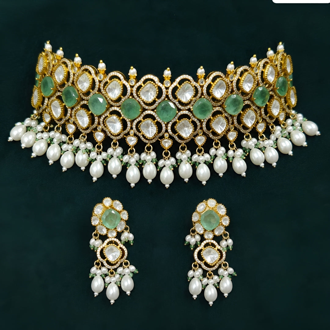 Mint green Kundan pearl choker necklace set with matching dangling earrings in gold plating by Auraa Trends