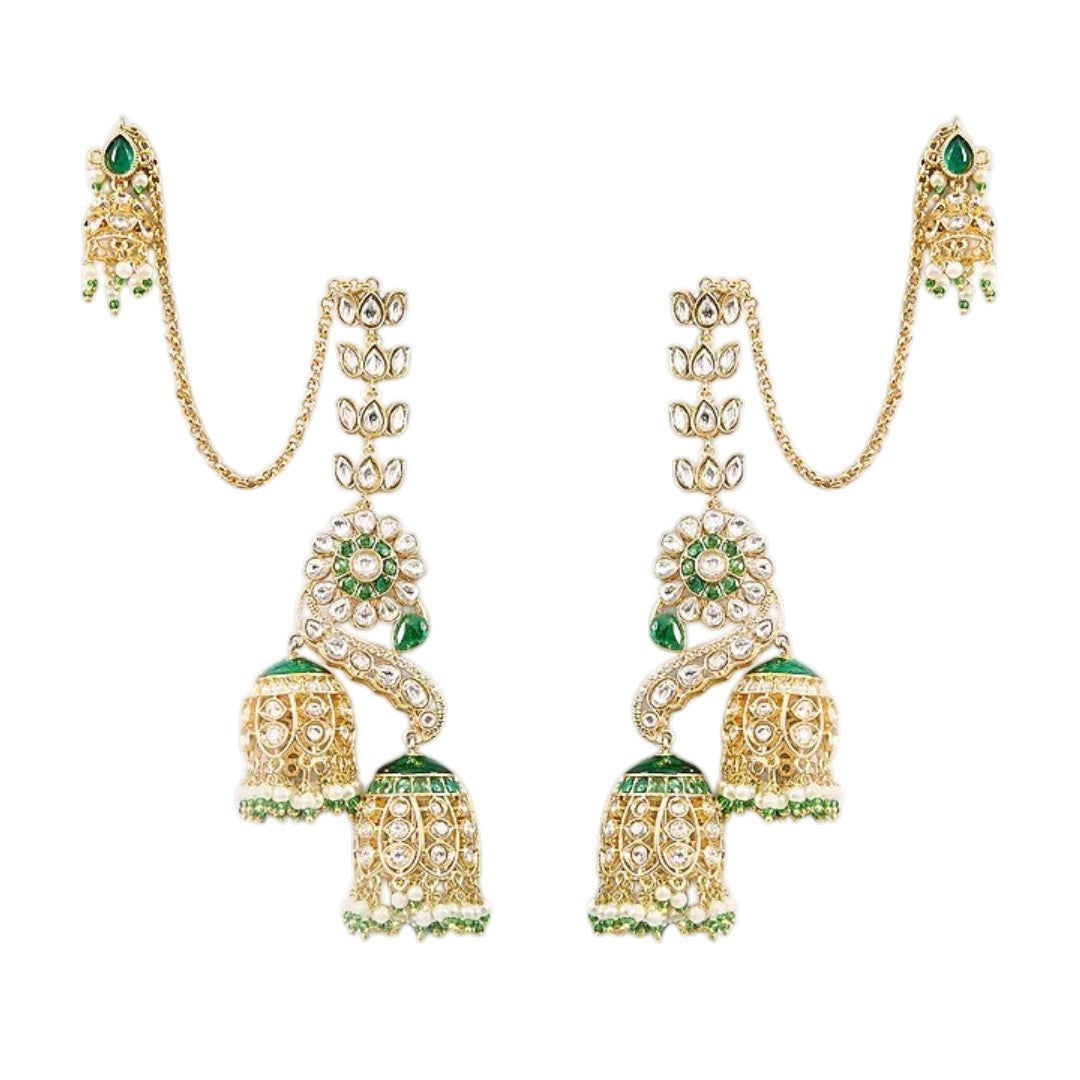 Gold-plated green Kundan peacock jhumka earrings with ear chain and double jhumka drops for bridal wear