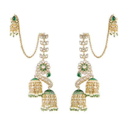 Gold-plated green Kundan peacock jhumka earrings with ear chain and double jhumka drops for bridal wear
