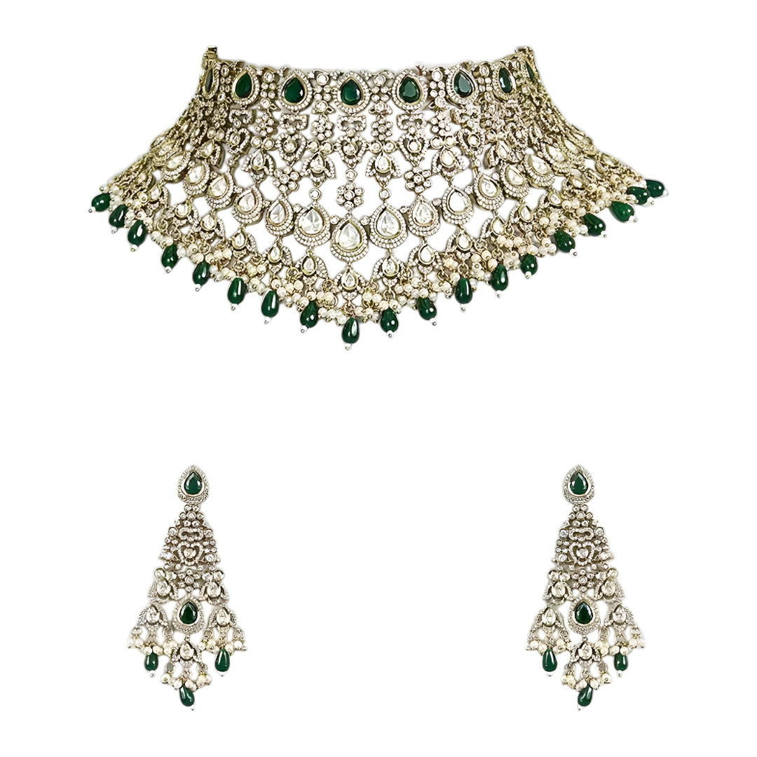 Green Kundan Polki bridal choker necklace set with intricate lattice design, pearl embellishments, green teardrop beads, and matching statement earrings.