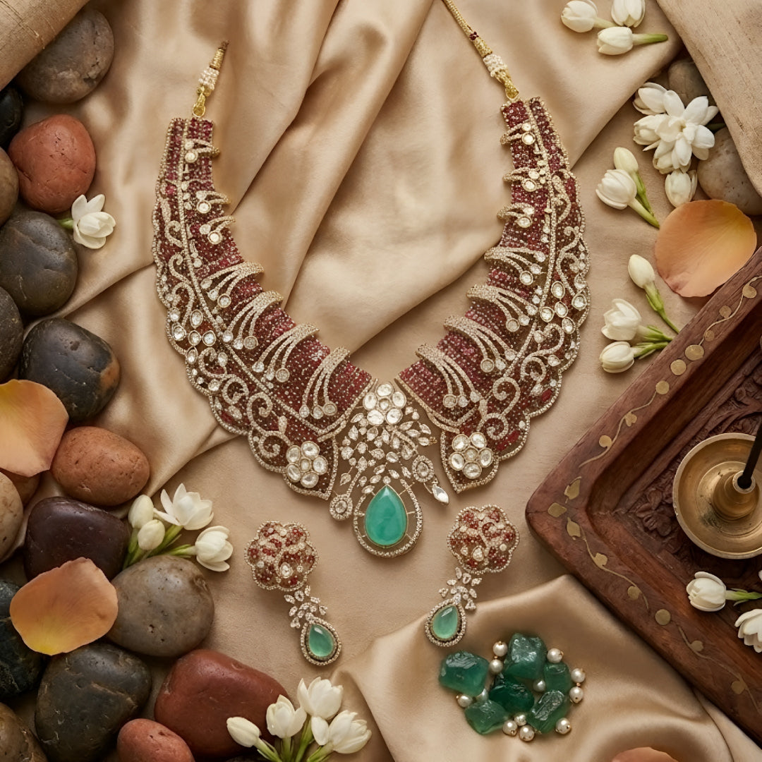 Designer ruby red kundan choker necklace set with sparkling crystal detailing, mint green teardrop gemstone centerpiece, and matching earrings for bridal and festive occasions.