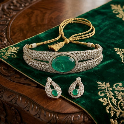 Luxury emerald green stone choker necklace set with sparkling Polki-inspired crystals and matching drop earrings for bridal and wedding jewelry.