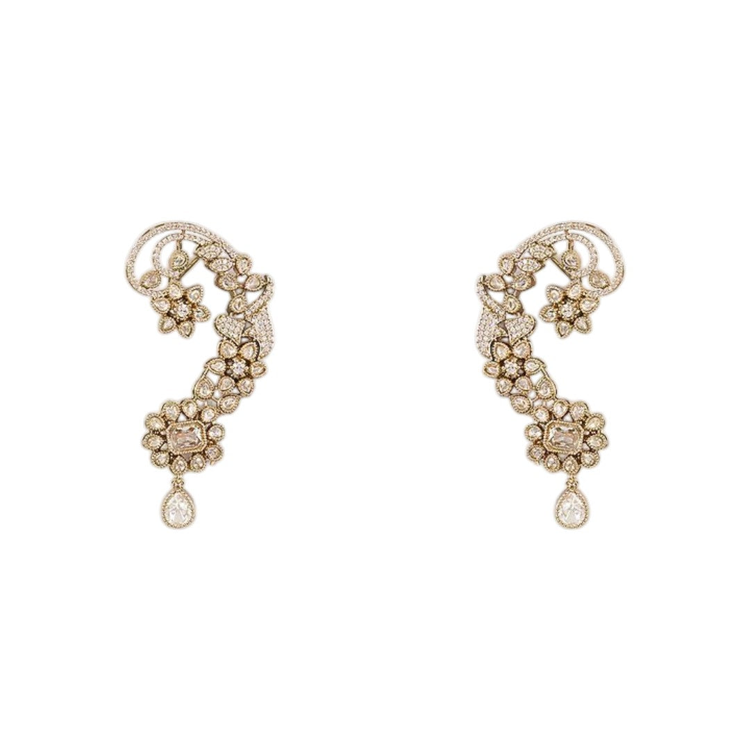 Gold-plated Kundan ear cuff earrings with floral crystal design and teardrop danglers for women