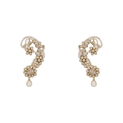 Gold-plated Kundan ear cuff earrings with floral crystal design and teardrop danglers for women