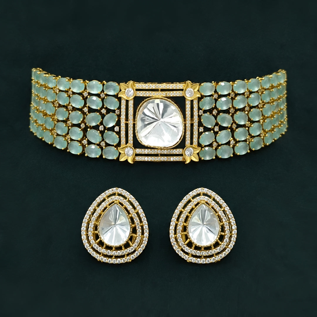 Mint green stone choker necklace set with matching teardrop earrings in gold plating by Auraa Trends