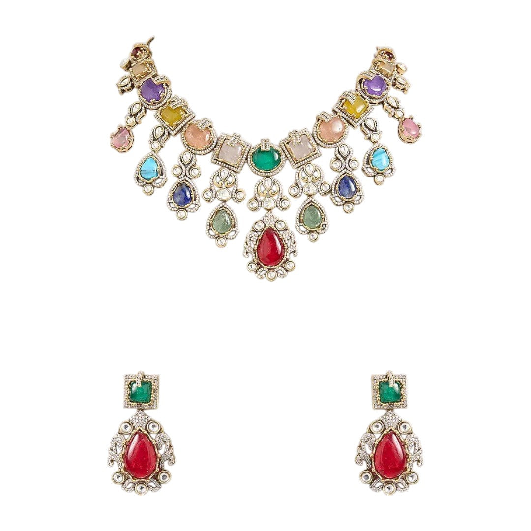 Luxury Multicolor Kundan Statement Necklace Set with Ruby Drop Earrings for Women