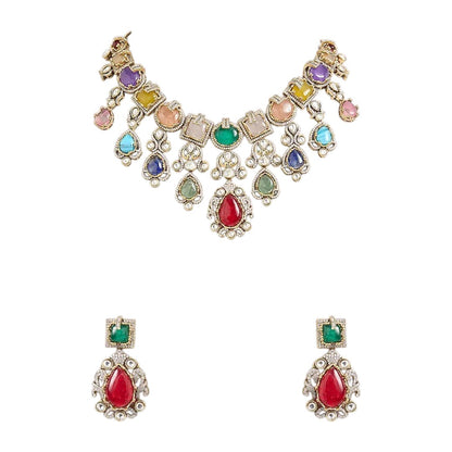 Luxury Multicolor Kundan Statement Necklace Set with Ruby Drop Earrings for Women