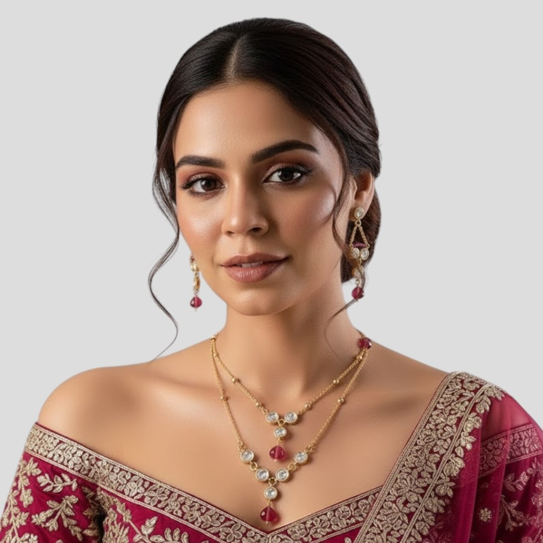 Gold-Plated Double-Layer Crystal Necklace Set With Earring