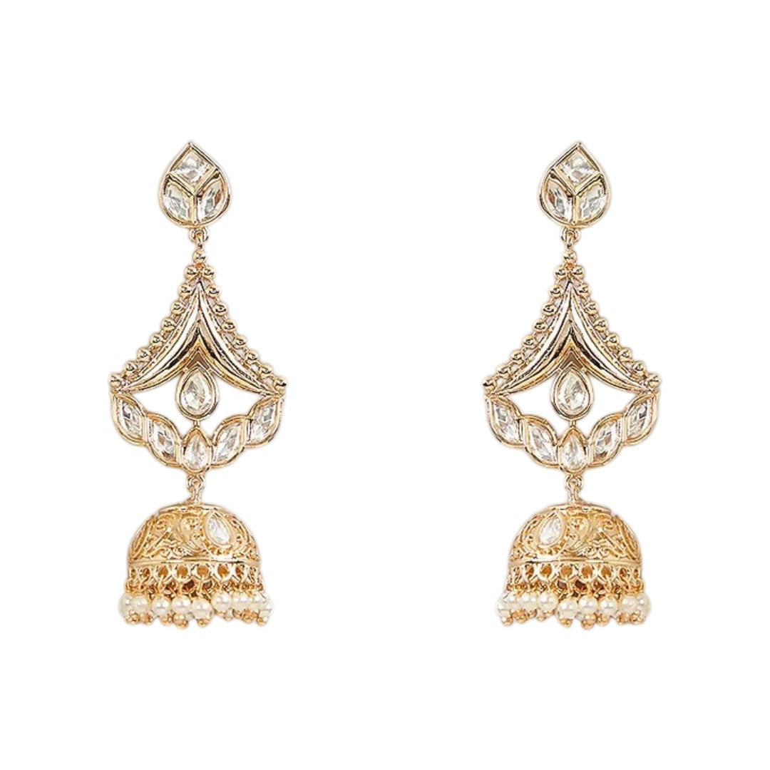 Gold-plated Kundan jhumka earrings with teardrop stones and pearl drops for women