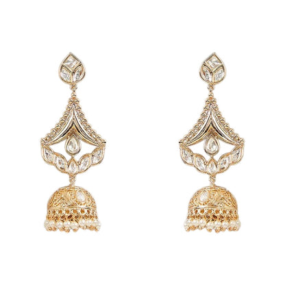 Gold-plated Kundan jhumka earrings with teardrop stones and pearl drops for women