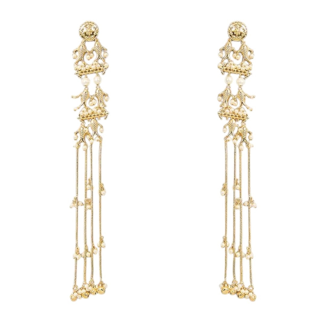 Traditional Long Golden Dangler Earrings with Multi-Strand Pearl Chains