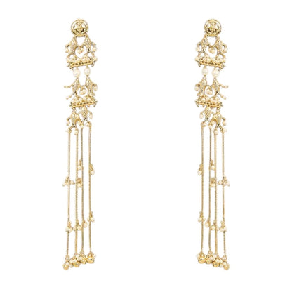 Traditional Long Golden Dangler Earrings with Multi-Strand Pearl Chains