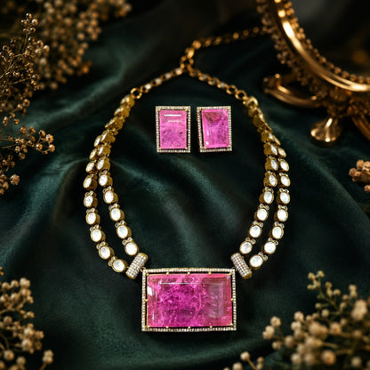 Pink crystal pendant necklace set with matching rectangular earrings in gold plating by Auraa Trends