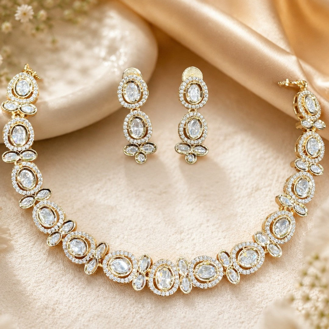 Rose gold oval crystal necklace set with matching drop earrings by Auraa Trends