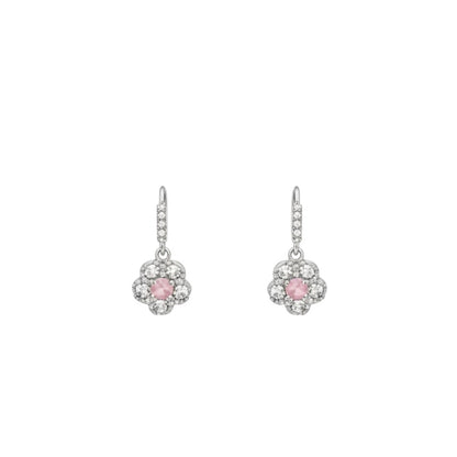 Silver floral necklace and matching earrings set with sparkling round crystals displayed on a red velvet jewelry stand, perfect for weddings and festive occasions.