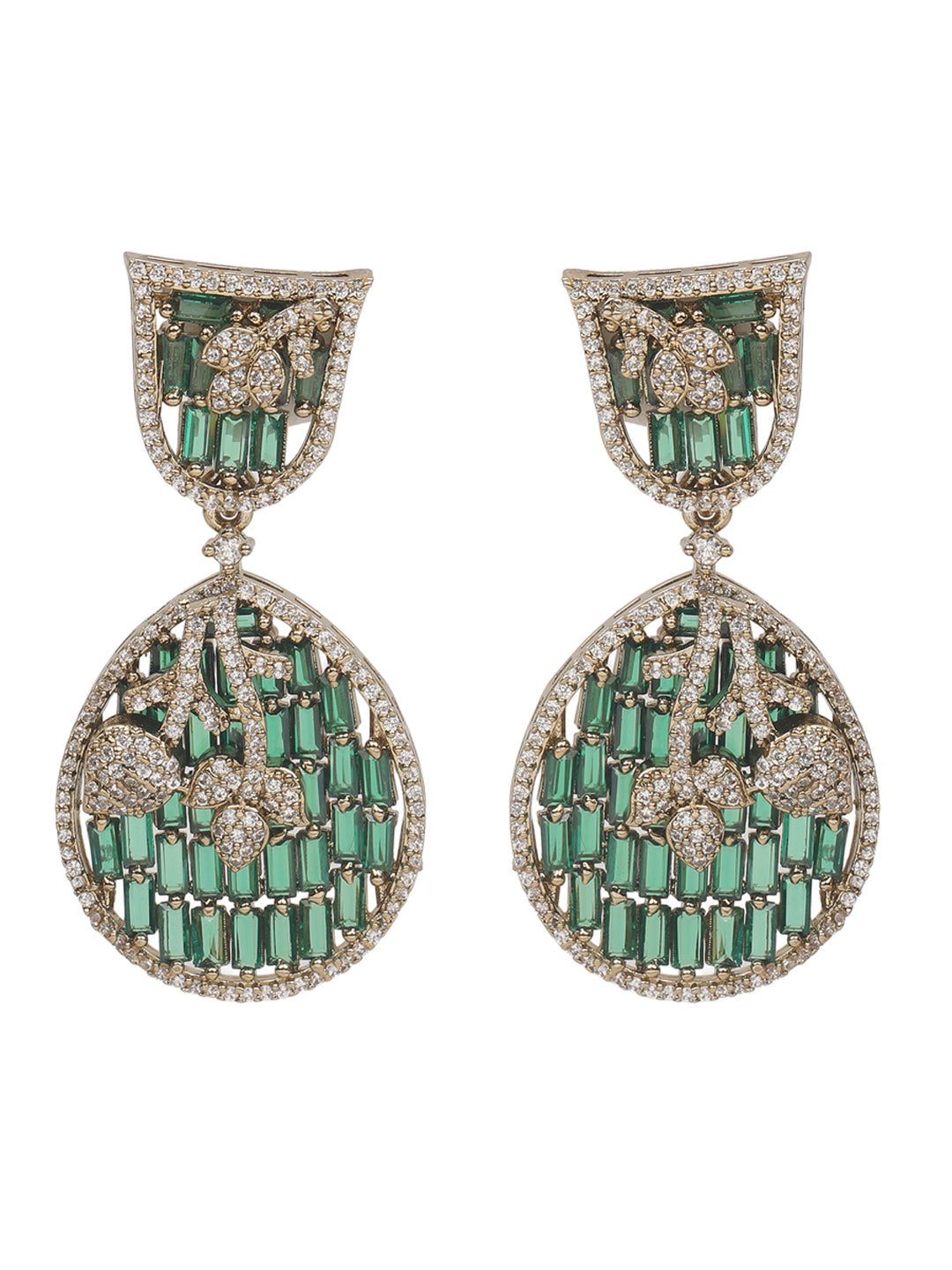Emerald and diamond statement necklace set with matching drop earrings in gold finish