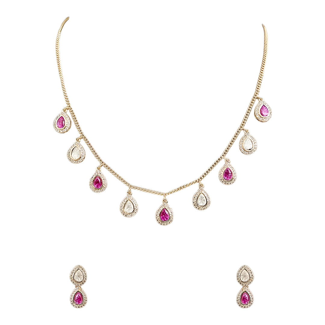 Gold Plated Pink and White Kundan Drop Necklace Set with Matching Earrings for Women Traditional Bridal Wedding Jewelry