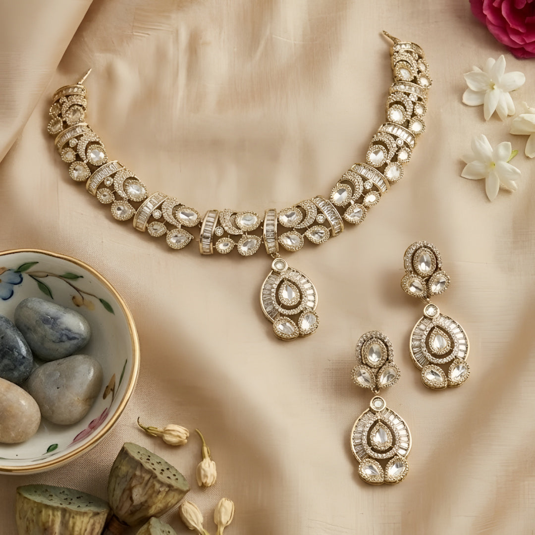 Gold-plated Kundan choker necklace set with matching drop earrings featuring teardrop stones and bridal-inspired traditional design.