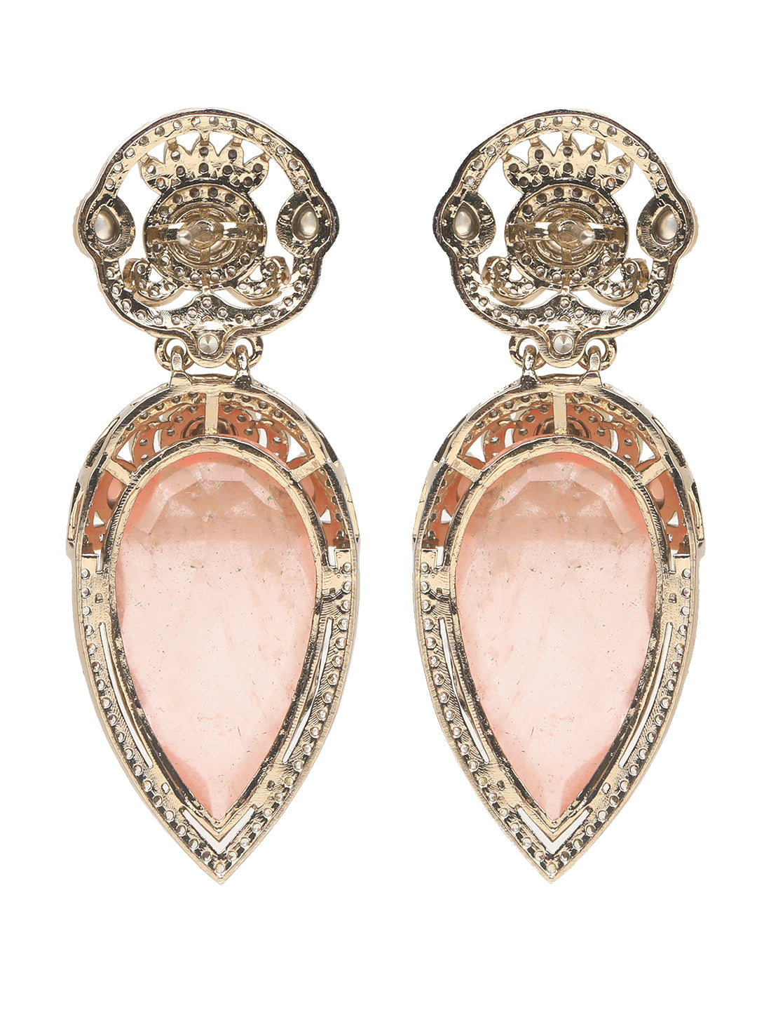 Gold-plated necklace set with peach teardrop pendant and matching statement earrings for bridal and festive wear