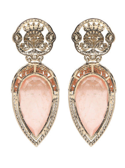 Gold-plated necklace set with peach teardrop pendant and matching statement earrings for bridal and festive wear