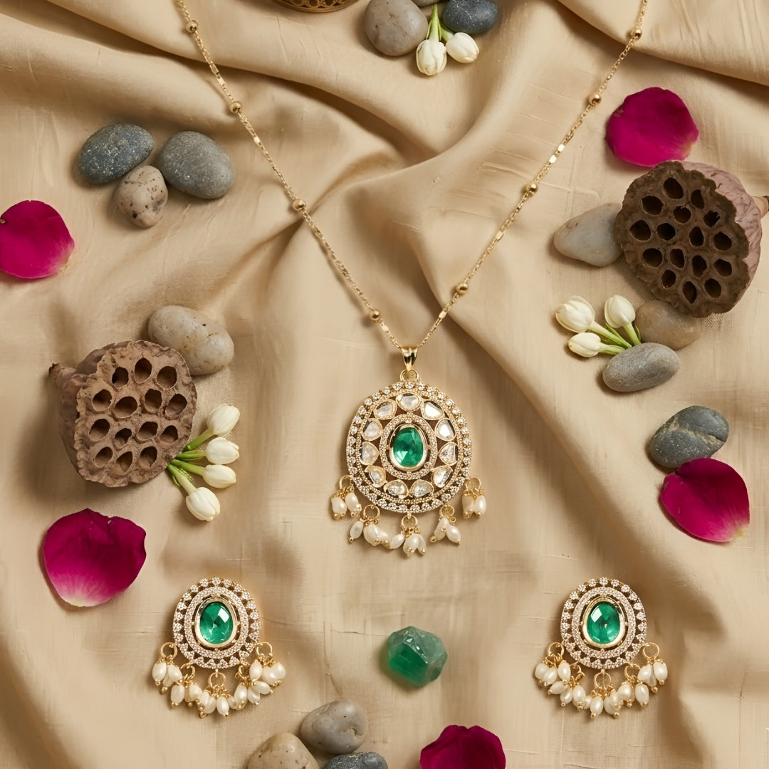 Gold Plated Green Kundan Pendant Necklace Set with Pearl Drop Earrings for Women Traditional Bridal Wedding Jewelry