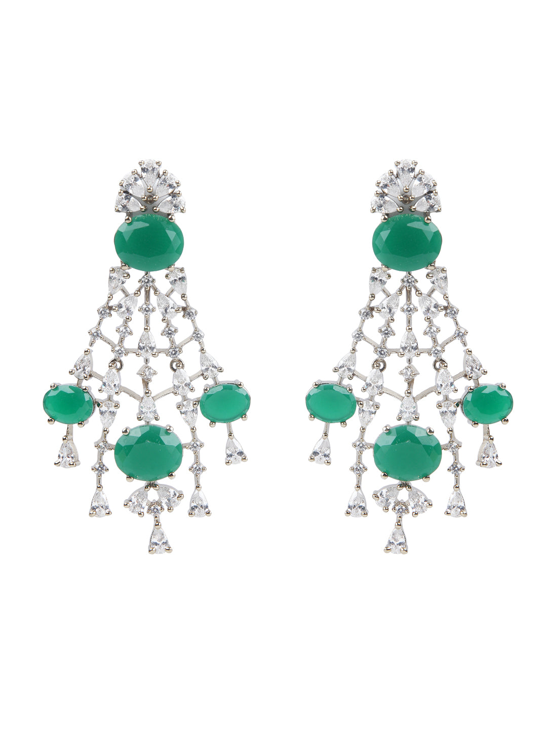 Silver-tone multi-layer emerald green necklace set with chandelier earrings, statement bridal jewelry with oval green stones and crystal detailing