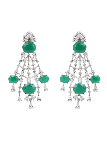 Silver-tone multi-layer emerald green necklace set with chandelier earrings, statement bridal jewelry with oval green stones and crystal detailing