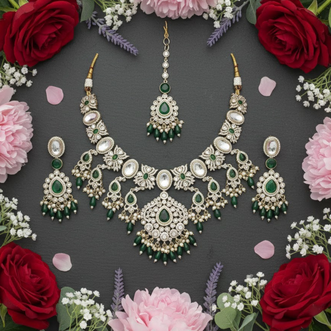 Green Kundan Polki Bridal Necklace Set with Earrings & Maang Tikka