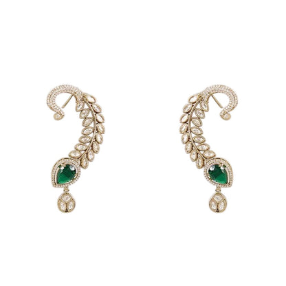 Gold-plated leaf design ear cuff earrings with emerald green teardrop stones and sparkling crystal embellishments for women.