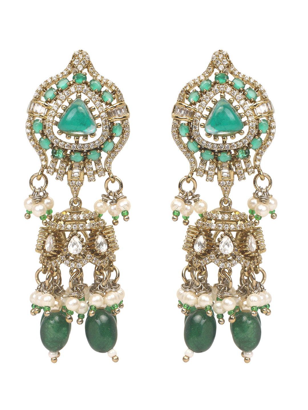 Detailed gold-toned statement necklace with intricate white stone embellishments and a prominent green teardrop centerpiece, finished with dangling green beads and pearls, paired with matching ornate drop earrings, displayed on a plain light background.