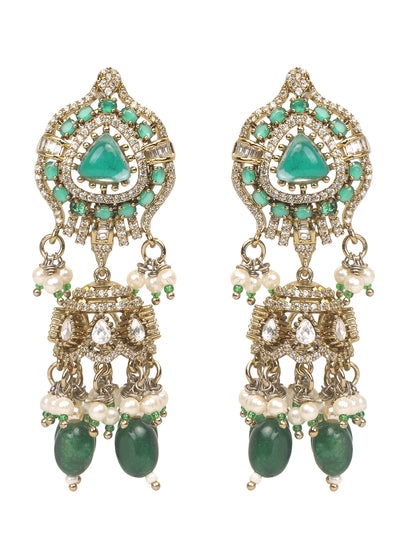 Detailed gold-toned statement necklace with intricate white stone embellishments and a prominent green teardrop centerpiece, finished with dangling green beads and pearls, paired with matching ornate drop earrings, displayed on a plain light background.
