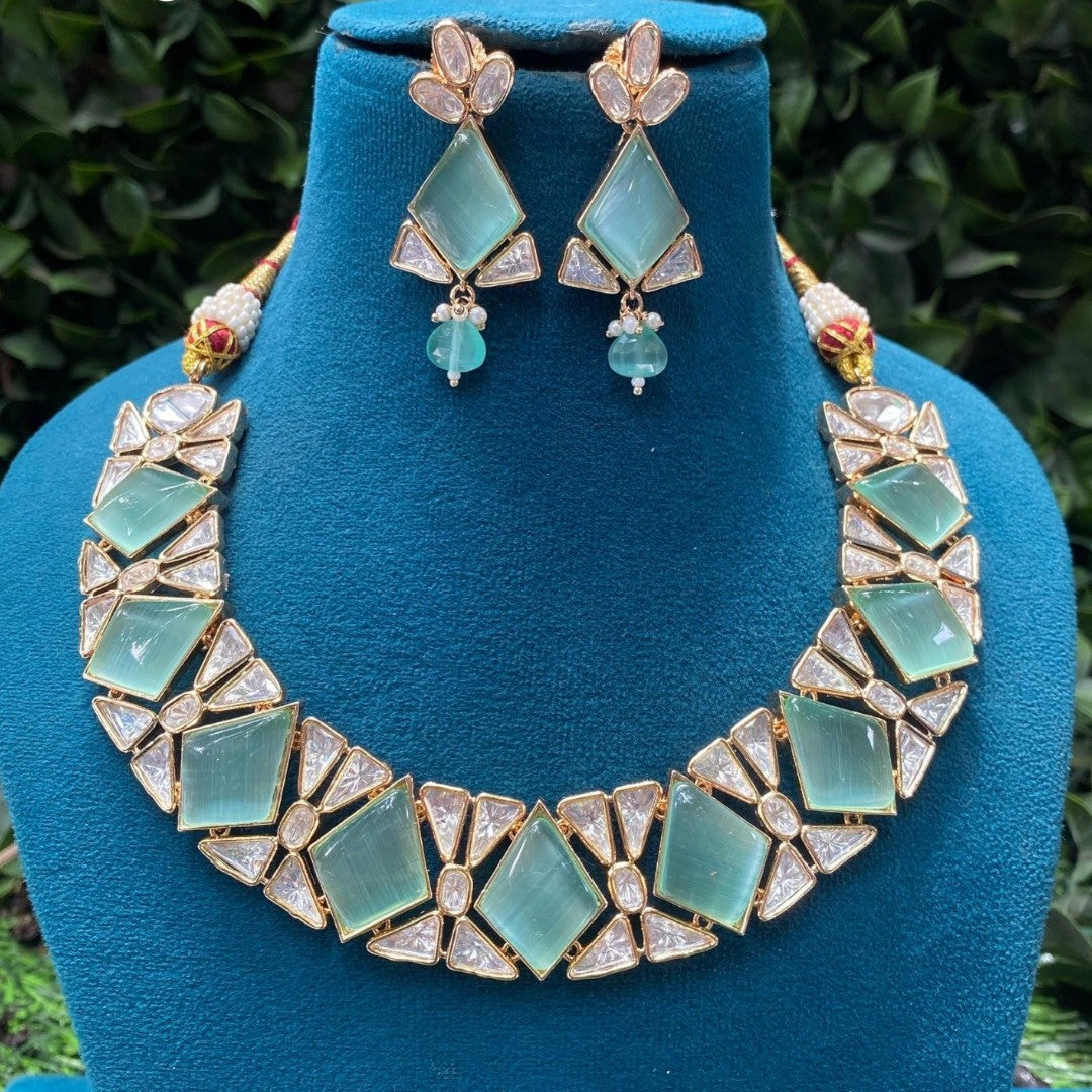 Mint green geometric necklace set with matching earrings and gold plating by Auraa Trends