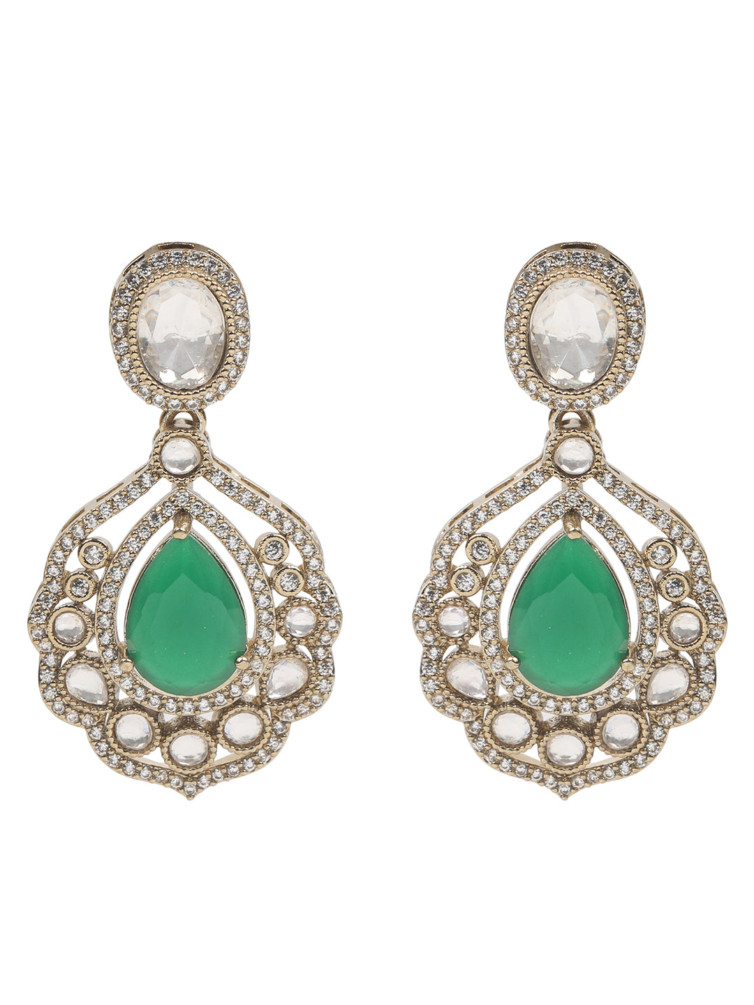 Traditional Kundan Emerald Green Necklace Set with Earrings Gold Tone Bridal Jewelry