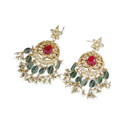 Designer Kundan & Ruby Stone Choker Necklace Set with Green Beads & Earrings - Auraa Trends